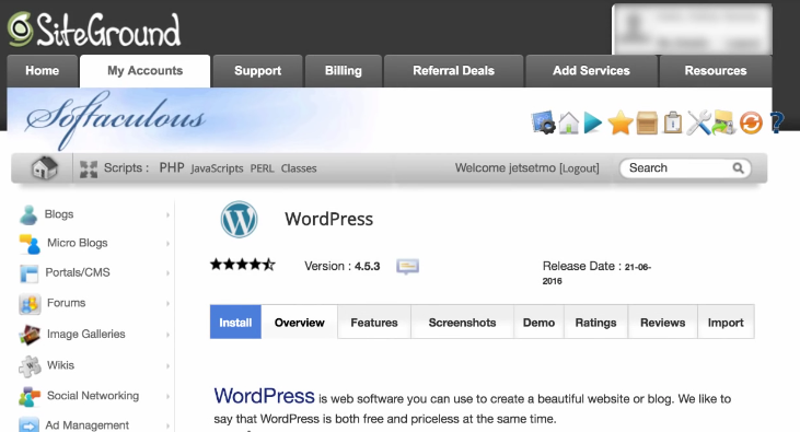 Install WordPress SiteGround - Softaculous