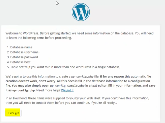 WordPress setup configuration page
