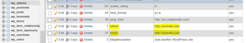 siteurl and home option names values