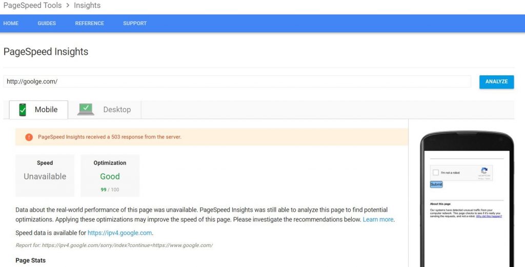 PageSpeed Insights speed test of google.com.